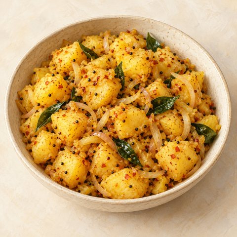 Golden potato chunks tossed with onion, chili and curry leaves; AI-generated illustration.