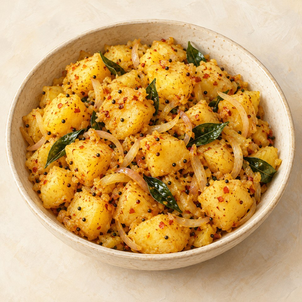 Golden potato chunks tossed with onion, chili and curry leaves; AI-generated illustration.