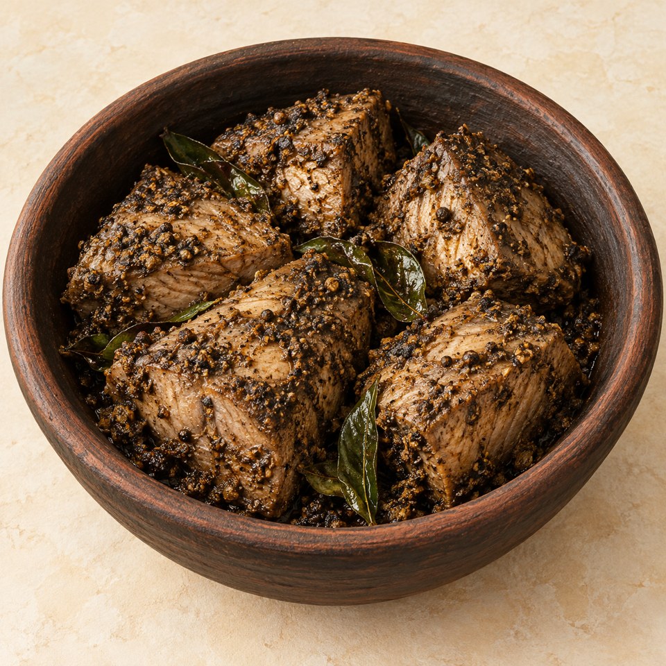 Firm tuna chunks with a dark peppery coating in a clay bowl; AI-generated illustration.