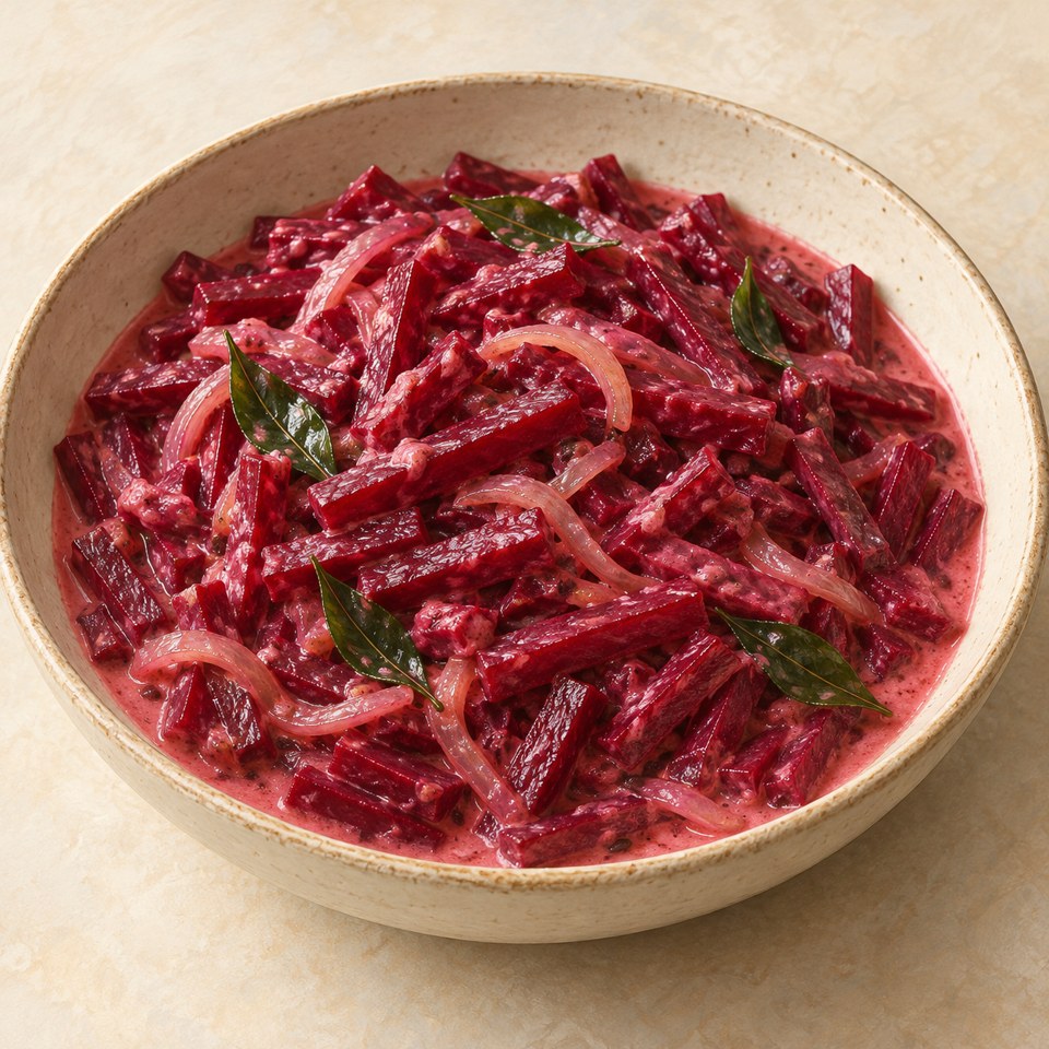 Tender beetroot batons in pink coconut sauce; AI-generated illustration.