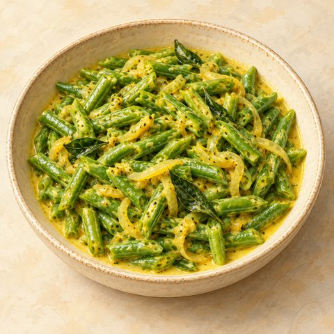 Cut green beans lightly coated in golden coconut sauce; AI-generated illustration.
