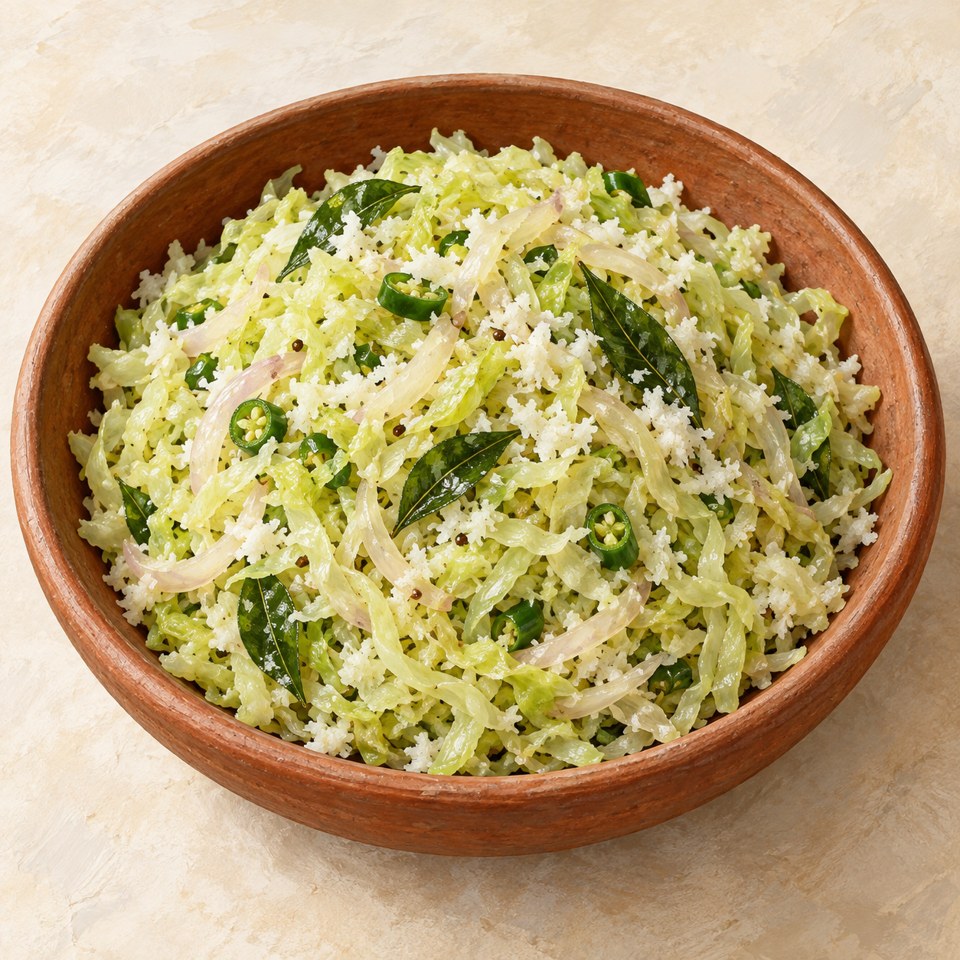 Finely shredded green cabbage mixed with grated coconut; AI-generated illustration.