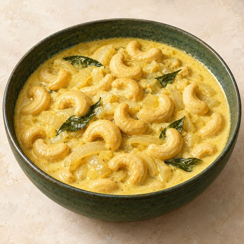 Plump cashews in pale-yellow coconut gravy with onion and curry leaves; AI-generated illustration.