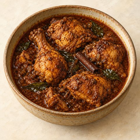 Bone-in chicken pieces in a dark reddish-brown curry; AI-generated illustration.
