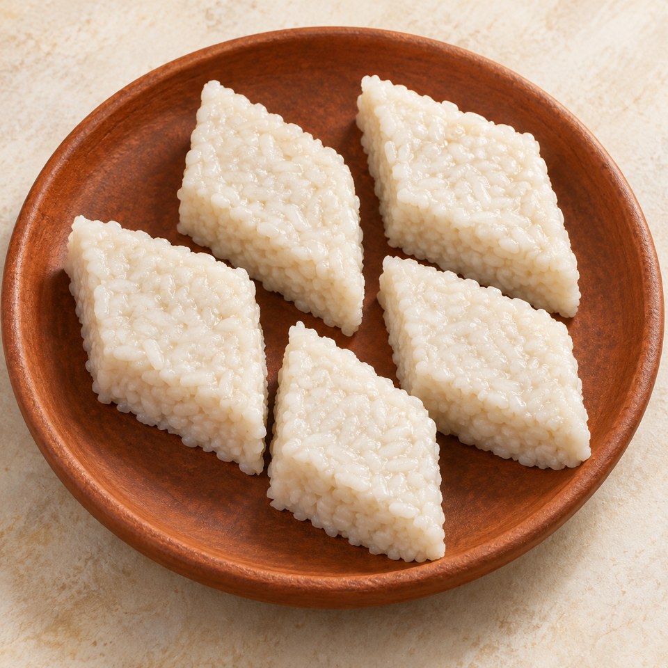 Creamy white coconut milk rice cut into diamonds; AI-generated illustration.