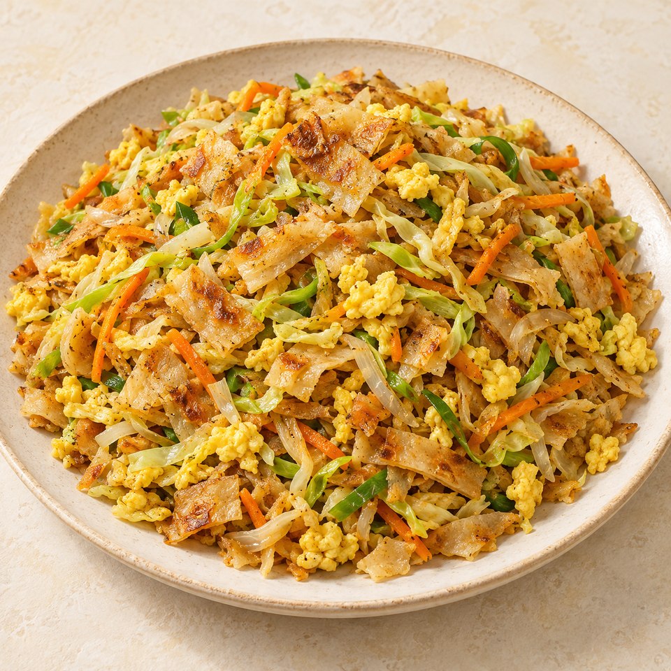 Chopped golden flatbread with scrambled egg, cabbage, carrot and leek on a plate; AI-generated illustration.