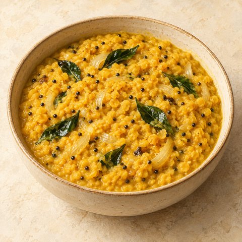 Golden coconut lentils with mustard seeds and curry leaves in a bowl; AI-generated illustration.