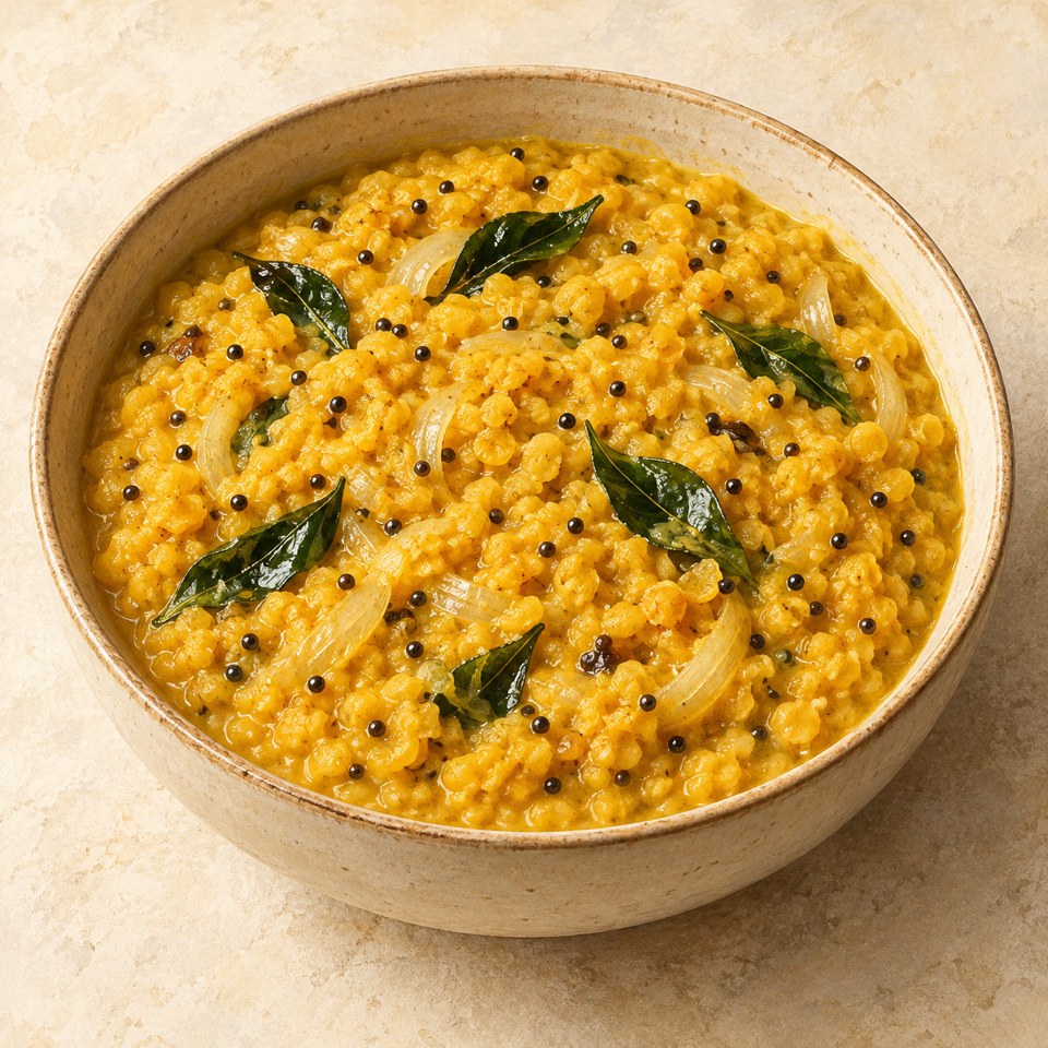 Golden coconut lentils with mustard seeds and curry leaves in a bowl; AI-generated illustration.