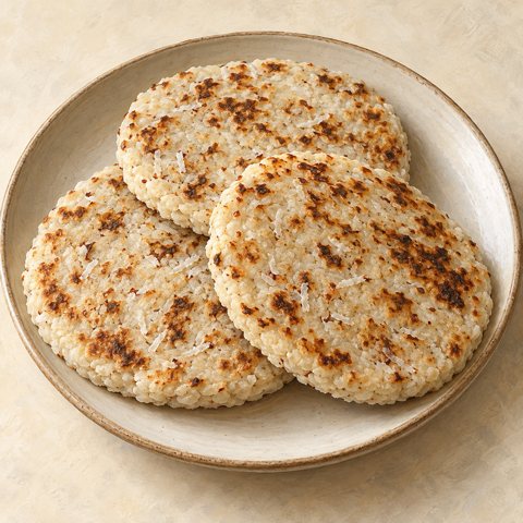 Three thick round coconut flatbreads with toasted patches; AI-generated illustration.