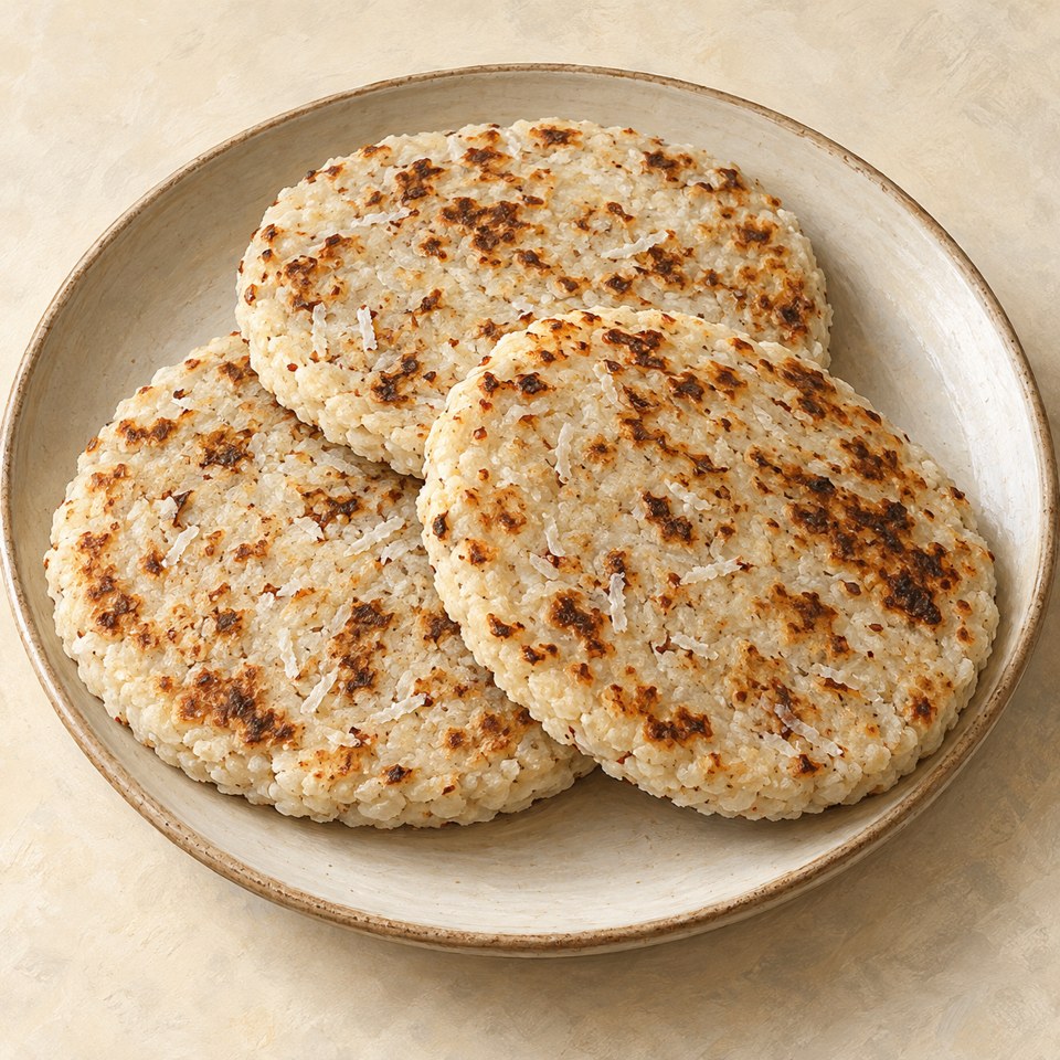 Three thick round coconut flatbreads with toasted patches; AI-generated illustration.