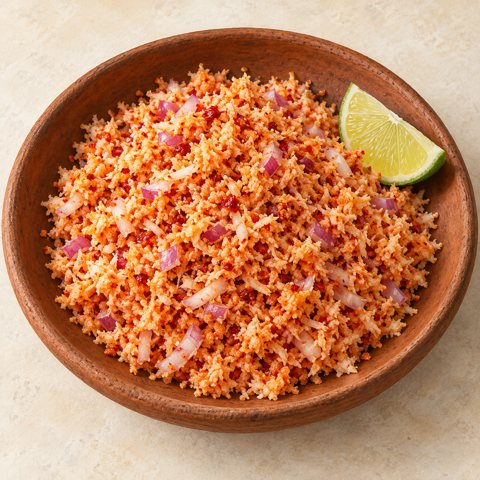 Orange-red grated coconut with onion and a lime wedge; AI-generated illustration.