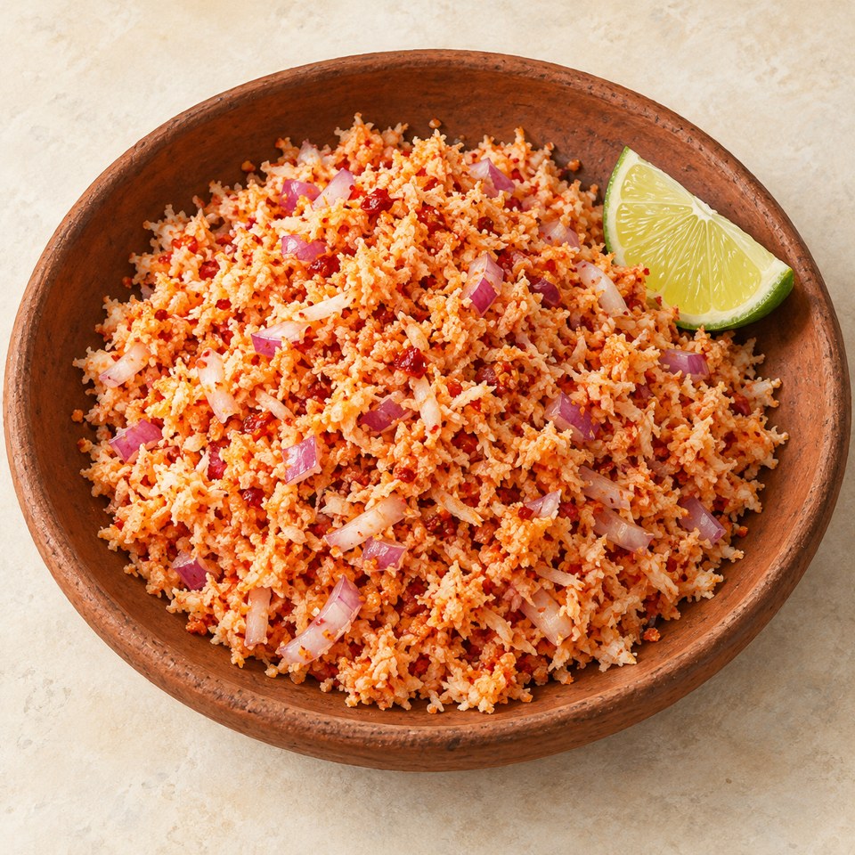 Orange-red grated coconut with onion and a lime wedge; AI-generated illustration.