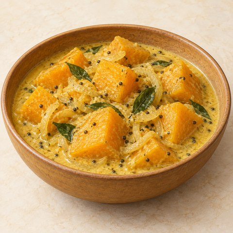 Peeled orange pumpkin pieces in golden coconut gravy with onion, curry leaves and mustard; AI-generated illustration.