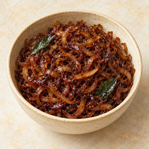 Dark glossy onion strands with curry leaves; AI-generated illustration.
