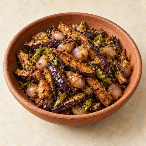 Browned eggplant, shallots and green chile with a glossy dressing; AI-generated illustration.