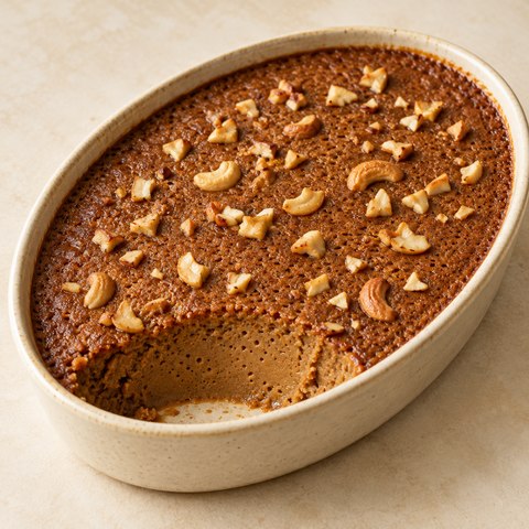 Brown coconut-jaggery custard with cashew garnish and a spooned-out portion; AI-generated illustration.